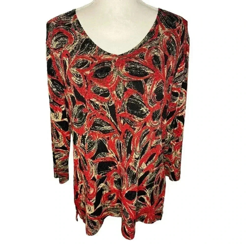JM Collection Women’s Medium Red Black & Gold Textured Stretchy Soft V-Neck Top